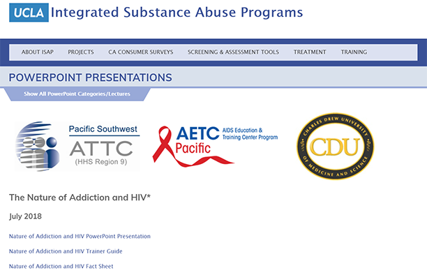 The landing page for the toolkit. The top of the page says UCLA Integrated Substance Abuse Programs and includes the logos of the affiliated contributors along with links to the toolkit parts